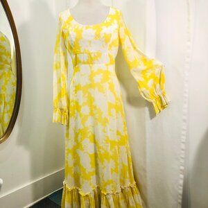 Vintage 1970s Jack Bryan Maxi Dress in Yellow and White Voile Fabric Size S SM